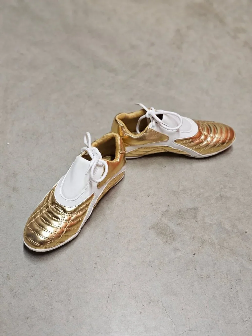 Gold & White Athletic Sneakers With Quilted Design & Lace-Up Closure